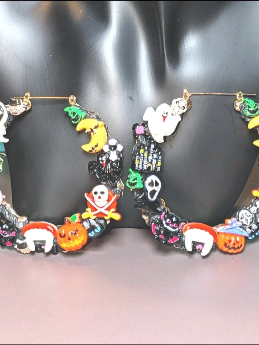 Hand Crafted Multicolor Halloween Charm Decoden Xl Hoop Earrings For Women